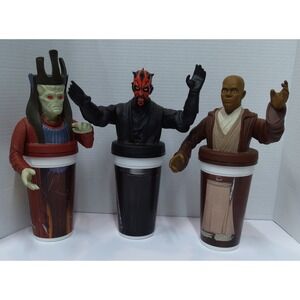 VTG. 1999 Star Wars-Darth Maul, Mace Windu & Nute Gunray Taco Bell Cup & Topper